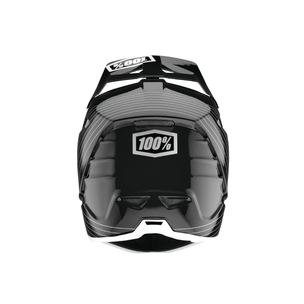 back view of a black full fave helmet with mesh air vents and a white stripe pattern
