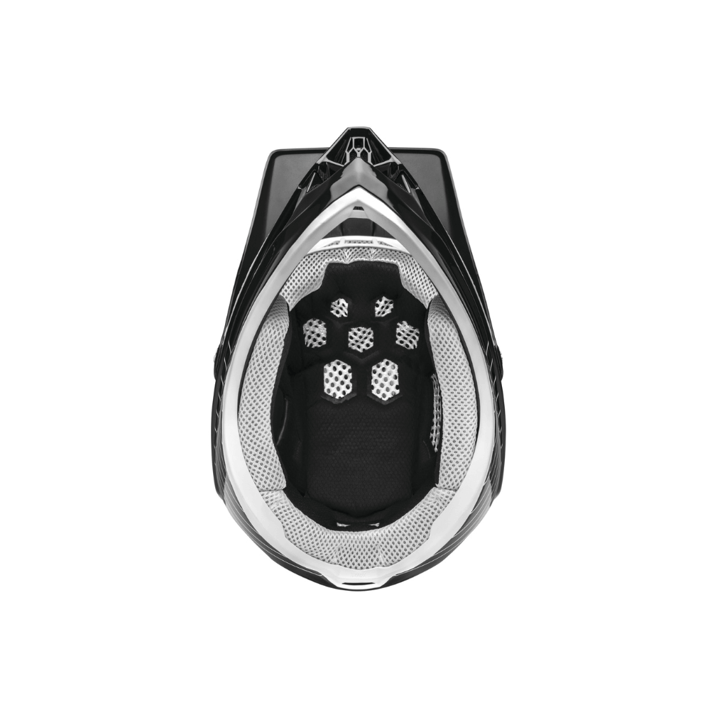 internal view of a black full face helmet with internal padding, support and mesh panel vents