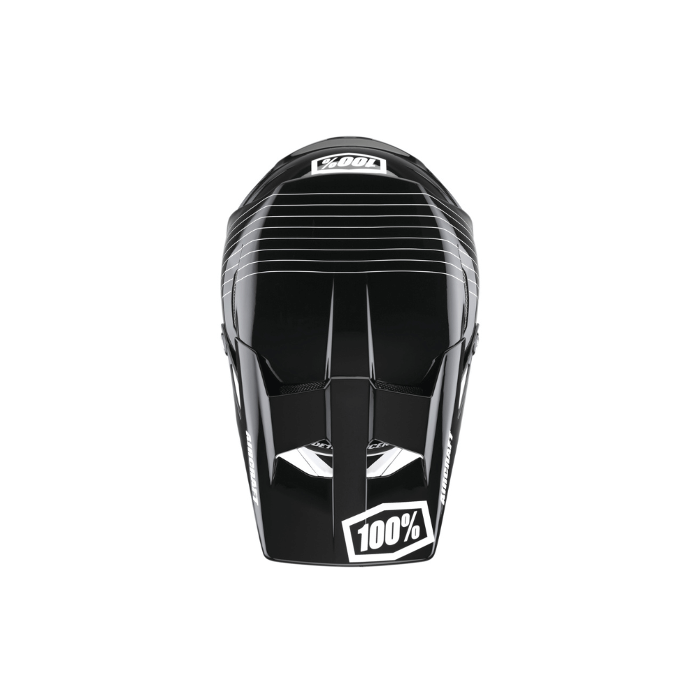 top view of a full face black helmet with thin white stripes on the crown