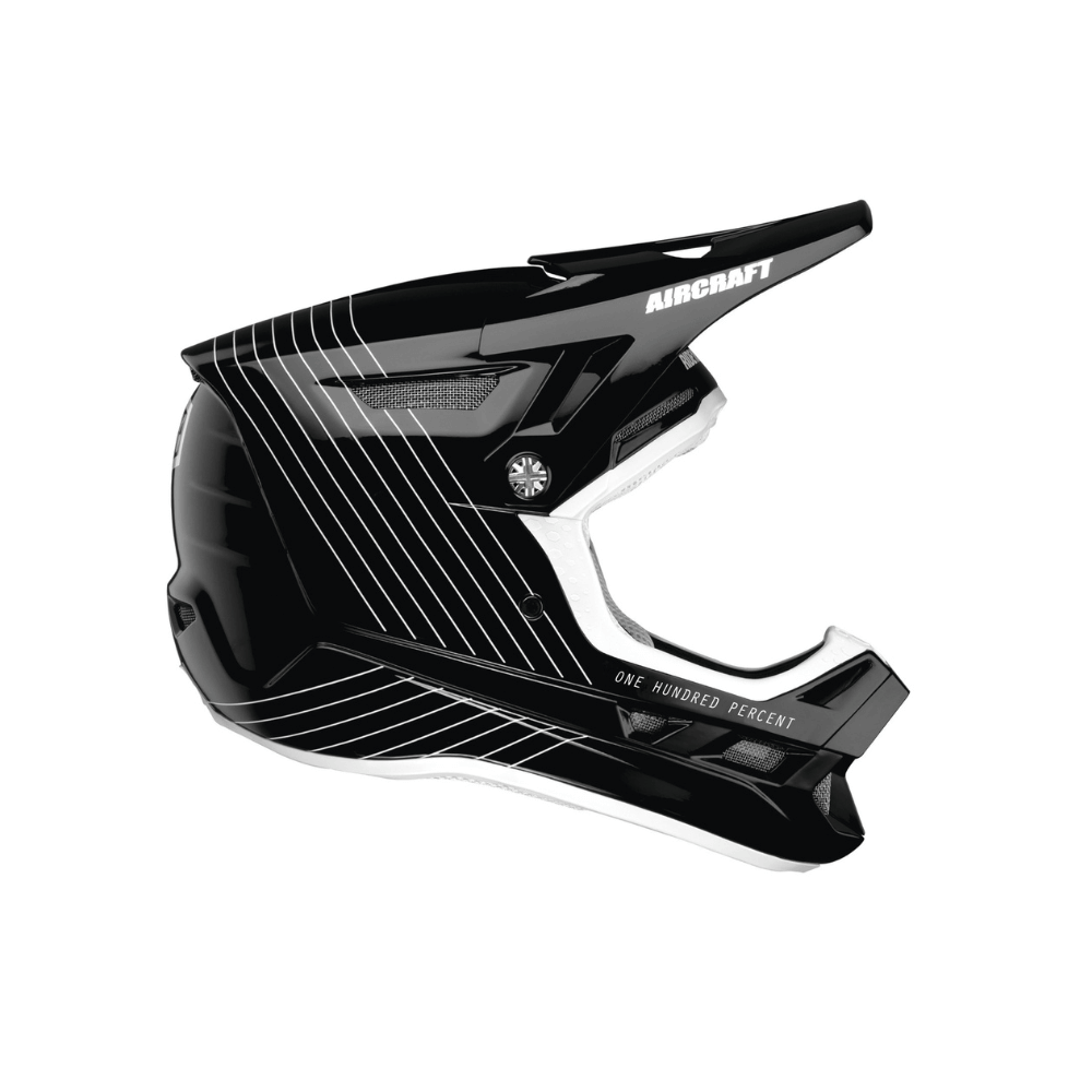 side view of a black full face helmet with white stripes forming a "v" pattern
