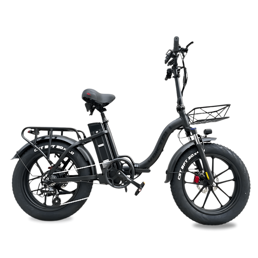 side view of the matte black Kristall Y20 fat tyre ebike with front basket and rear rack 