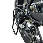 Load image into Gallery viewer, front angle close up of a black fat tyre ebike&#39;s braking system. 
