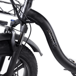 Load image into Gallery viewer, Zoomed in logo and fork of black Kristall Y20 fat tyre bike 
